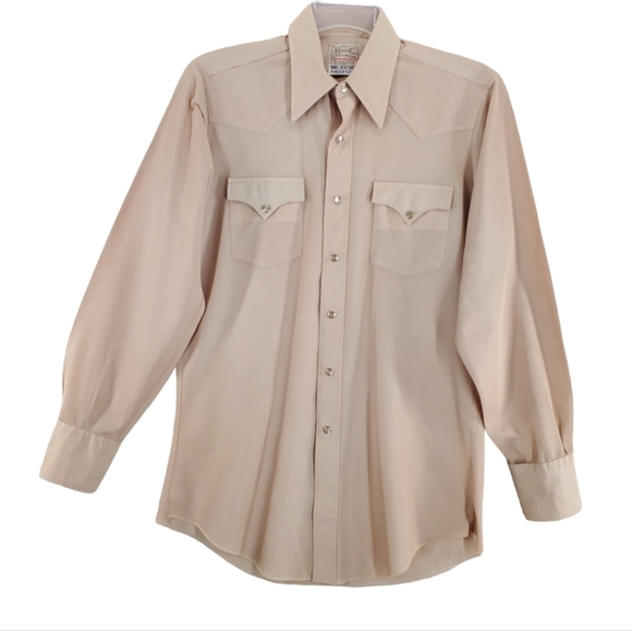 COPY Vtg H Bar C Shirt Men 15 1/2 Long Tail Slim Pearl Snap Tan Dacron Polyester - Picture 1 of 12